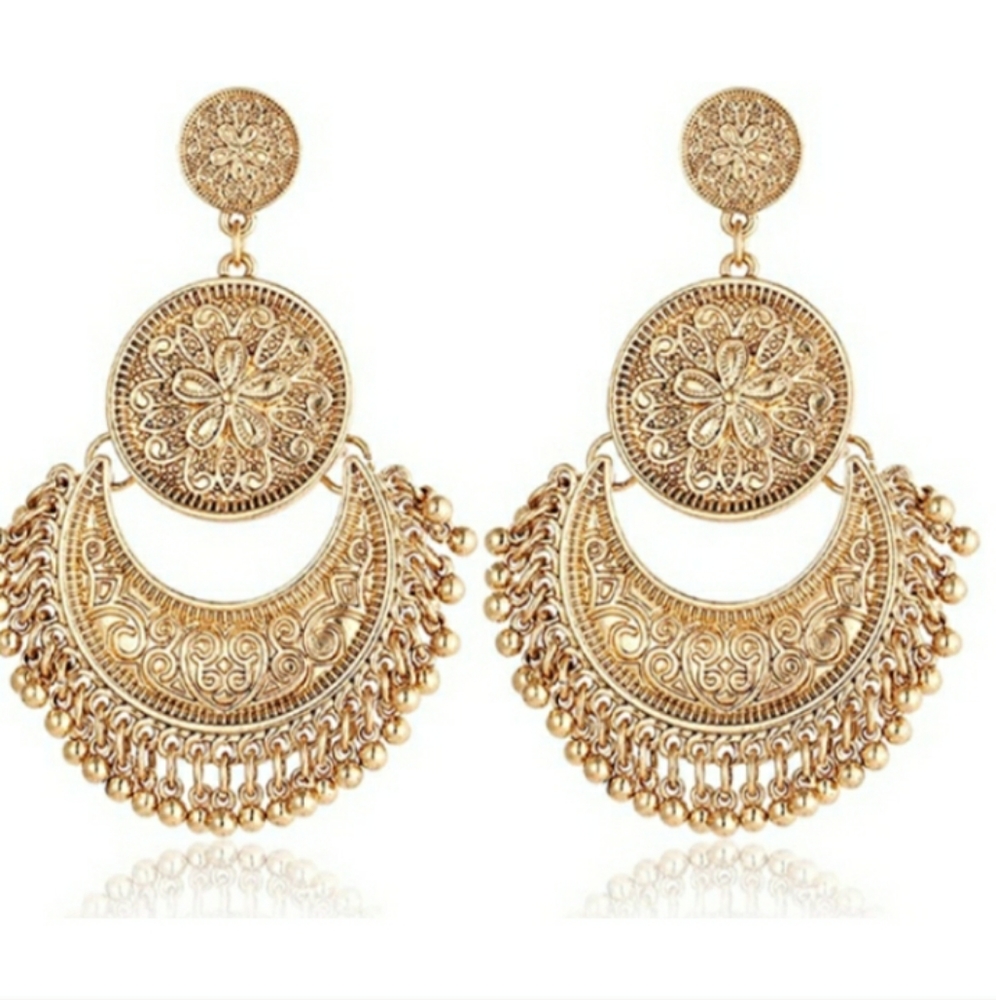 3/$30 Ethnic Brocade Lotus Dangle Earrings Gold